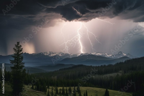 Thunderstorm with a lightning bolt and dramatic cloud-filled mountain sky. Generative AI
