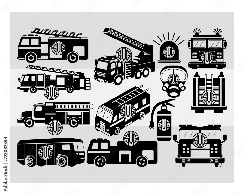 Fire Truck Cilcle Monogram SVG, Fire Truck, Fire Svg, Truck Silhouette, Truck Svg, Fire Truck Vinyl Svg, Fire Engine, Fire Truck Vector, Svg Files For Cricut, SVG	