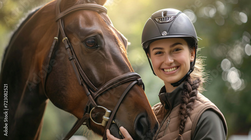 Young woman in horse riding suit and her beautiful pet outdoors on sunny day, horse riding school concept © daniel