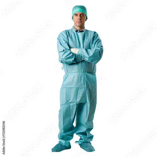A doctor in a surgical gown standing with arms crossed on a transparent background