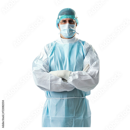A doctor in a surgical gown standing with arms crossed on a transparent background