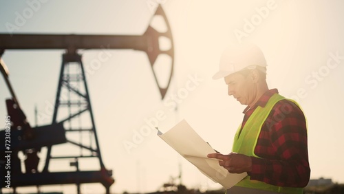 oil business. a worker works next to oil pump holding blueprints. industry business oil and gas concept. engineer studying construction of oil station lifestyle on blueprints silhouette at sunset