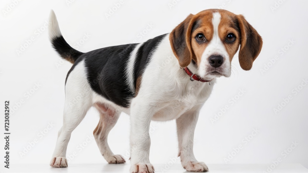 Tricolor beagle dog on grey background