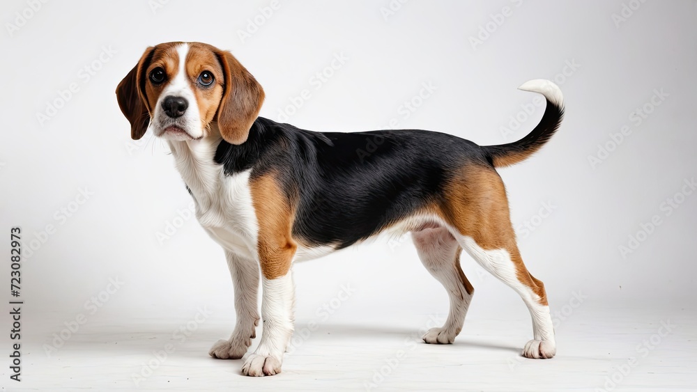 Tricolor beagle dog on grey background