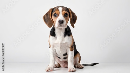 Tricolor beagle dog on grey background