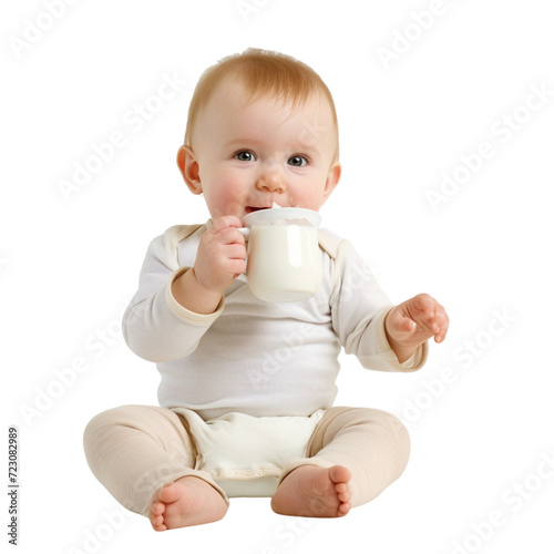 The baby child is drinking bottled milk on a transparent background.
