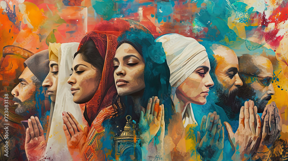 drawing on the wall, people of different religions praying together, symbolizing Peoples Friendship Day, harmony day drawing on the wall, people of different religions praying together, symbolizing Peoples Friendship Day, harmony day