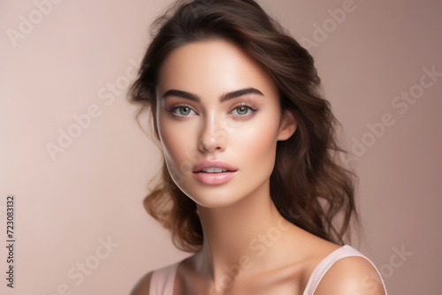 Portrait of beautiful half naked woman model with clean healthy facial skin on a pastel flat background