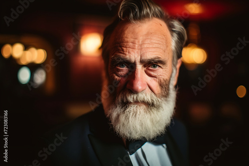 Elegant Senior Man with Grey Beard in Black Tuxedo Posing at a Luxurious Event. Portrait of Sophistication and Experience
