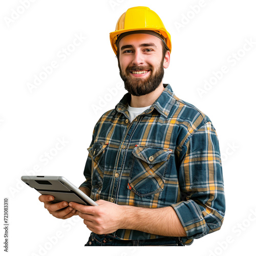 Portrait of a man in a maintenance uniform smiling and holding a tablet on a transparent background.