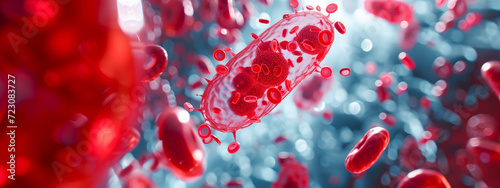 bacterium among red blood cells, representing infection or bacteria in the bloodstream.
 photo