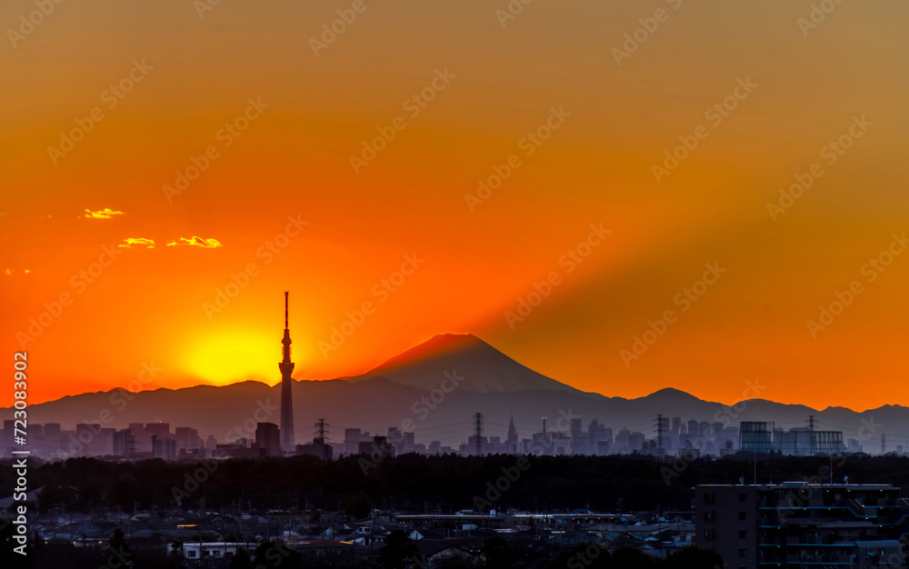 東京サンセット　Jan.2024 　富士山とスカイツリー