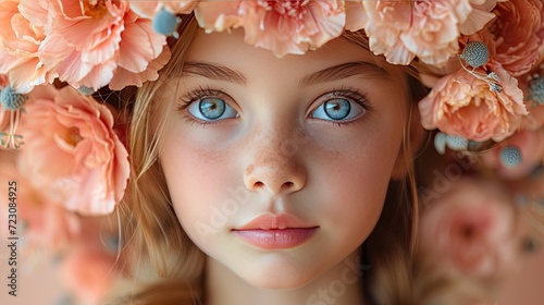 Close-up  portrait of a little girl in a peach flower wreath