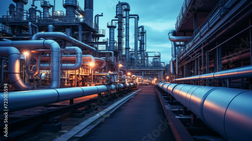 Industrial zone, Steel pipelines in blue tones at night