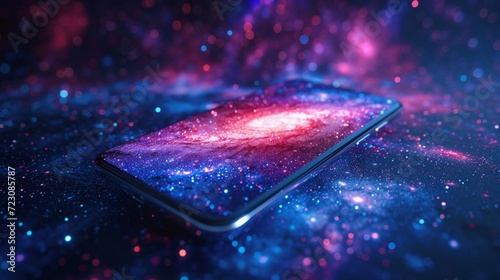 A single smartphone floating in midair with a whirling data nebula visible on the screen against a starry sky. photo
