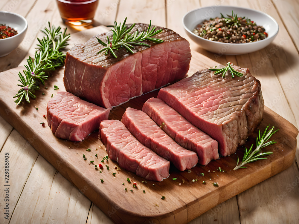 Fresh Raw Beef Steak with Herbs on a White Cutting Board Fresh Raw Beef Steak with Herbs on a White Cutting Board