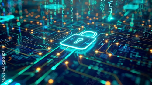 A 3D illustration of a secure digital network, with glowing connections and a large padlock symbolizing cybersecurity Blue and green digital background with binary code Created Using 3D illustr