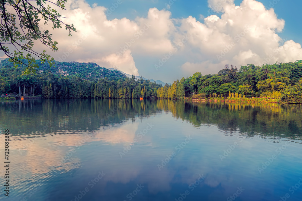 Fototapeta premium Zhaoqing City, Guangdong Province, China. The Seven Star Crags park (Qixingyan), Xinghu Scenic Area. Landscape view. 