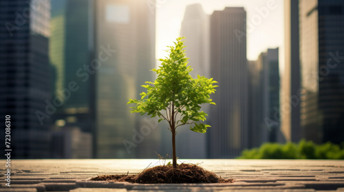 Green tree growing from ground with city background. Ecology concept.