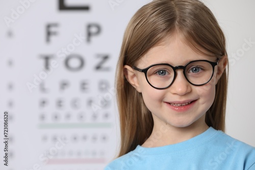 Little girl with glasses against vision test chart