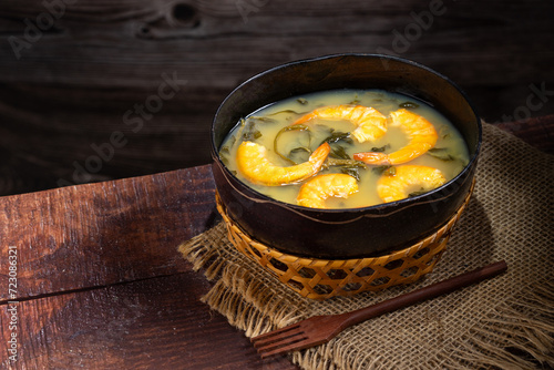 Tacacá, typical food from the Brazilian Amazon. Made with tucupi, jambu and shrimp.