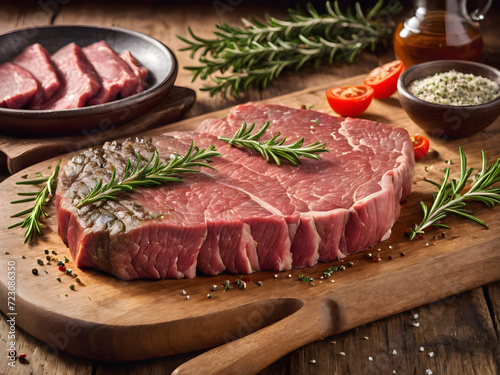 Fresh Raw Beef Steak with Herbs on a White Cutting Board