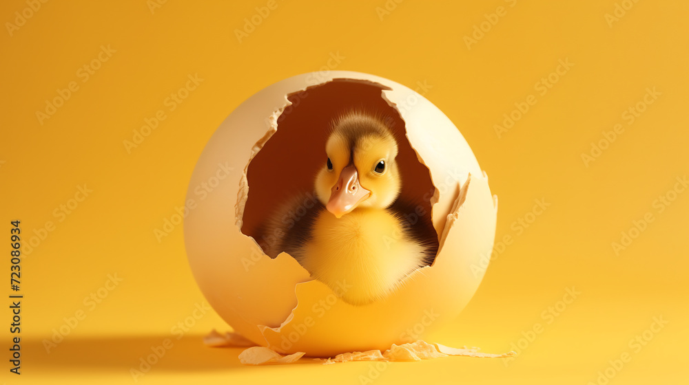 Adorable Duckling Emerging from Egg against a Warm Yellow Background ...