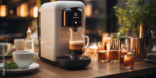 Coffee machine with cup on table in kitchen