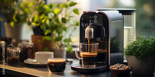 Coffee machine with cup on table in kitchen
