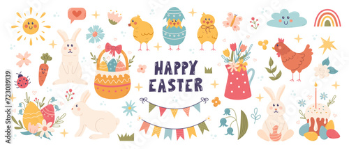 Happy Easter cute vector set. Rabbit, egg, flower and other spring elements. Vector cartoon illustration