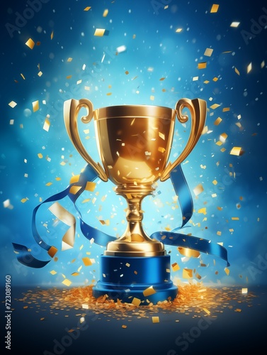 Golden Trophy Cup Isolated on Blue Background with Confetti. Generative AI