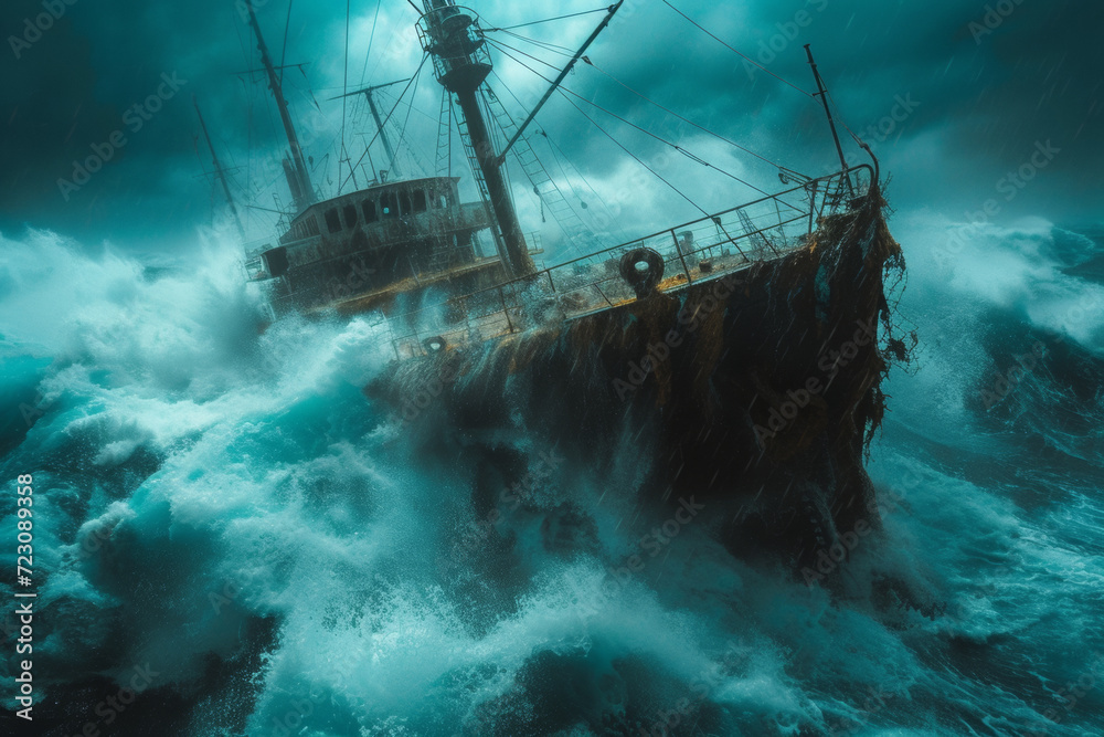 ship facing disaster and tornado storm in the sea ship facing disaster and tornado storm in the sea