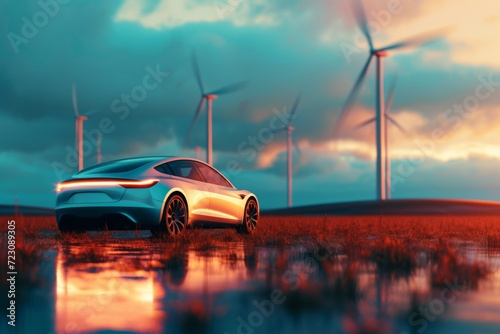 A futuristic EV driving through a wind farm, turbines spinning in the background, symbolizing wind-powered green energy Created Using electric car, wind farm, green energy, sustainability, futu photo