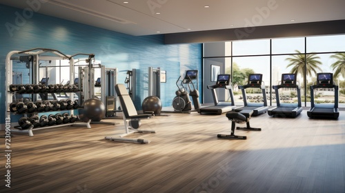 Health and fitness center with exercise equipment, indoor sport venue.