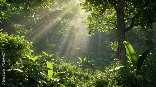 A photorealistic image of a lush forest with advanced CO2 capture technology, showcasing Earth's natural beauty and sustainability Created Using Photorealistic style, lush forest, advanced CO2