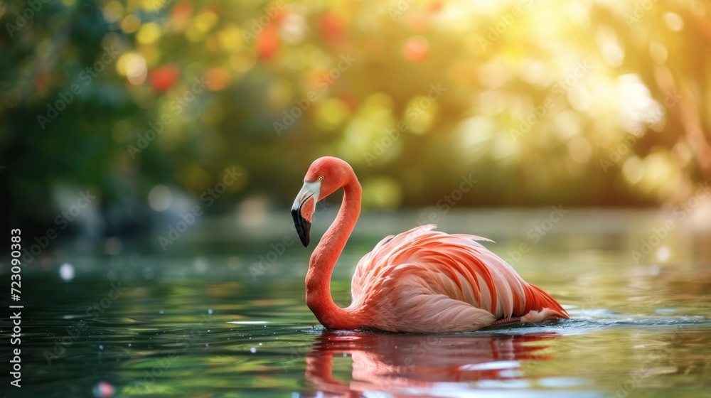 Fototapeta premium A flamingo in the summer brings a burst of summertime joy, adding vibrant and cheerful vibes to the season