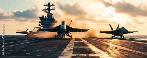 panoramic view of a generic military aircraft carrier ship with fighter jets take off during a special operation at a warzone, wide poster design, Generative AI
 photo