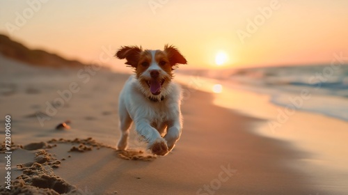 Beautiful and cute dog animal portrait photography, running on the sand beach during the golden hour sunset sky with clouds, ocean or sea waves in the background