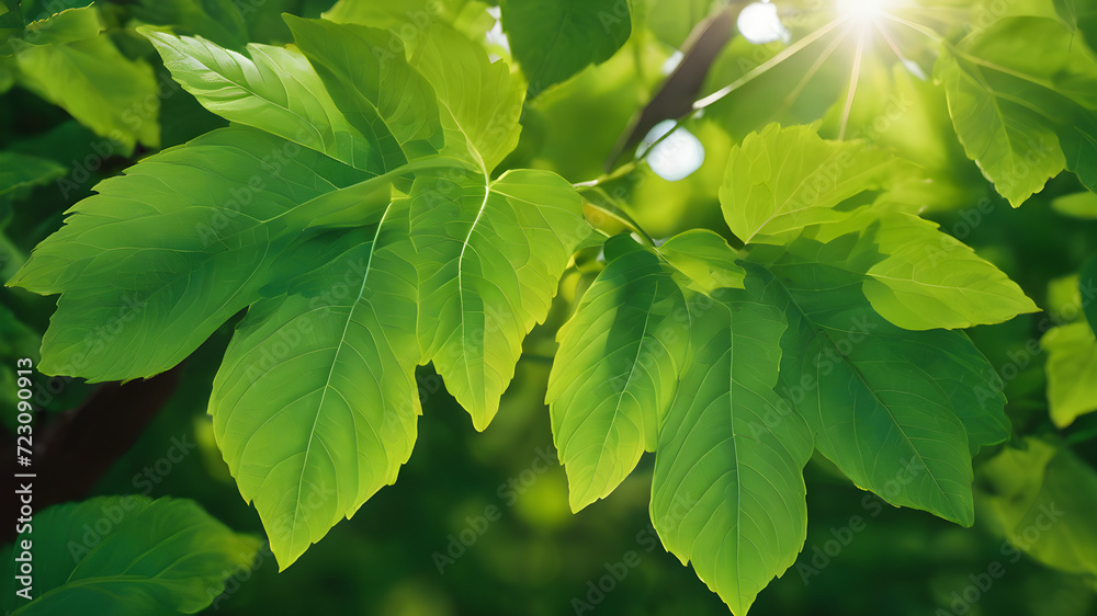 Sunlit green foliage on a tree branch in a lush summer garden Sunlit green foliage on a tree branch in a lush summer garden