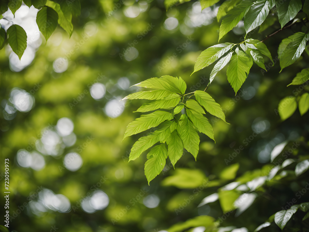 Sunlit green foliage on a tree branch in a lush summer garden
