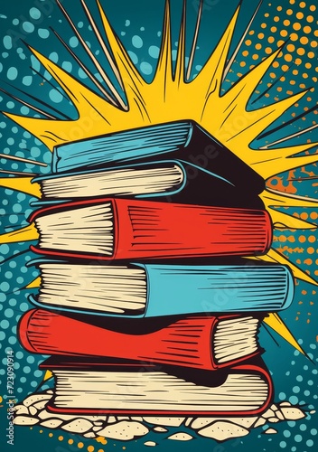 Books graphic in comic pop art style.