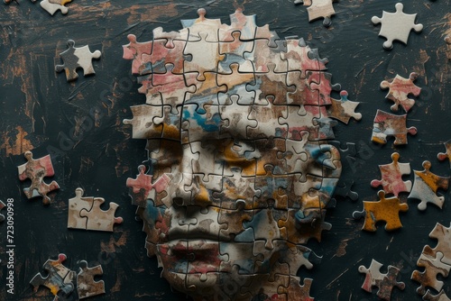 A top view of a human head made of jigsaw pieces, with some pieces missing, hinting at forgotten memories or lost knowledge Created Using Jigsaw illustration, human head, top view, missing piec