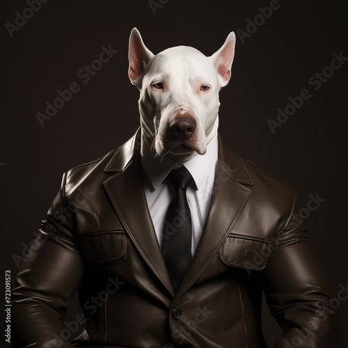 Security dog in the suit against dark studio background