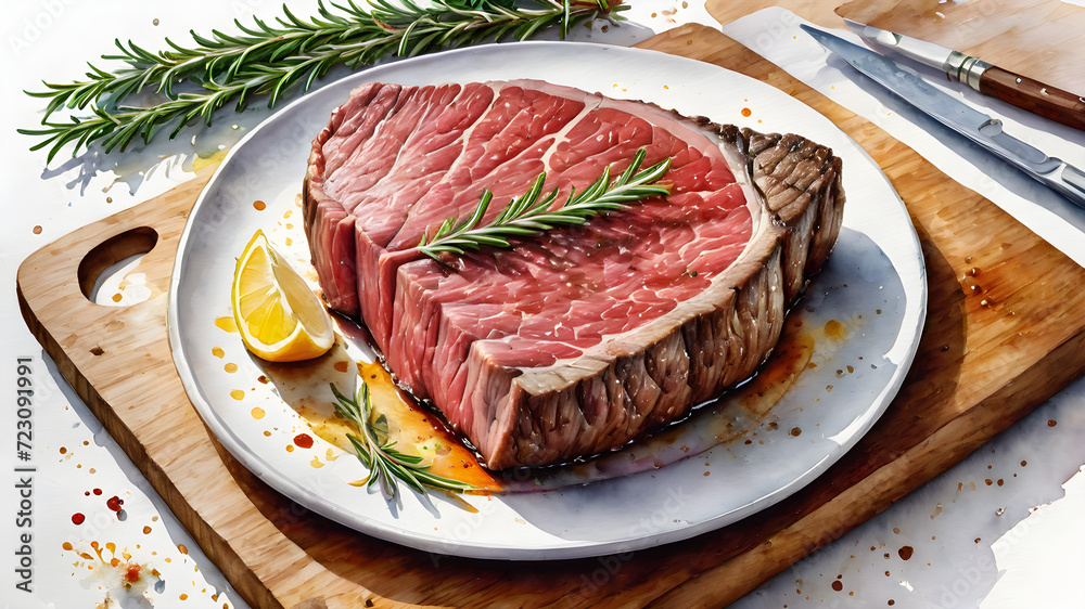 Fresh raw beef and pork steaks adorned with rosemary on a white plate, creating a delicious and nutritious dinner meal Fresh raw beef and pork steaks adorned with rosemary on a white plate, creating a delicious and nutritious dinner meal