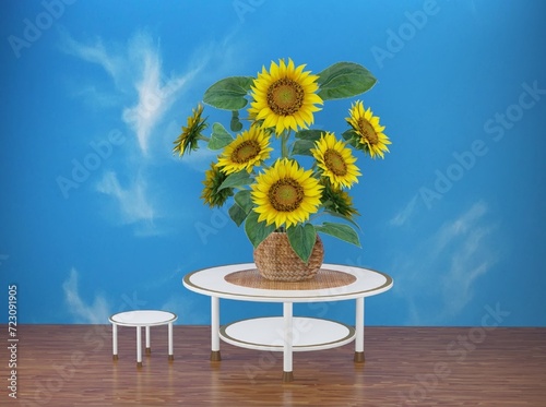 Luxury yellow sunflowers in the basket  on the table and amazing  blue sky wall background illustration vector  3d  design