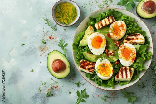 keto ketogenic diet soft boiled eggs with grilled halloumi, avocado and lettuce, Mediterranean cuisine on a pastel background 