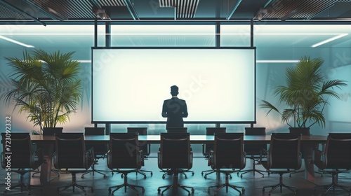 Businessman standing in conference room with empty screen for projector on wall. Business presentation concept.