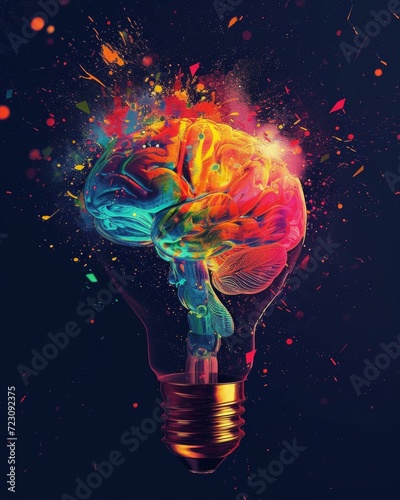An artistic rendering of a lightbulb with its filament transforming into a colorful human brain, set against a dark background to highlight the colors Created Using Artistic style, filament-to-