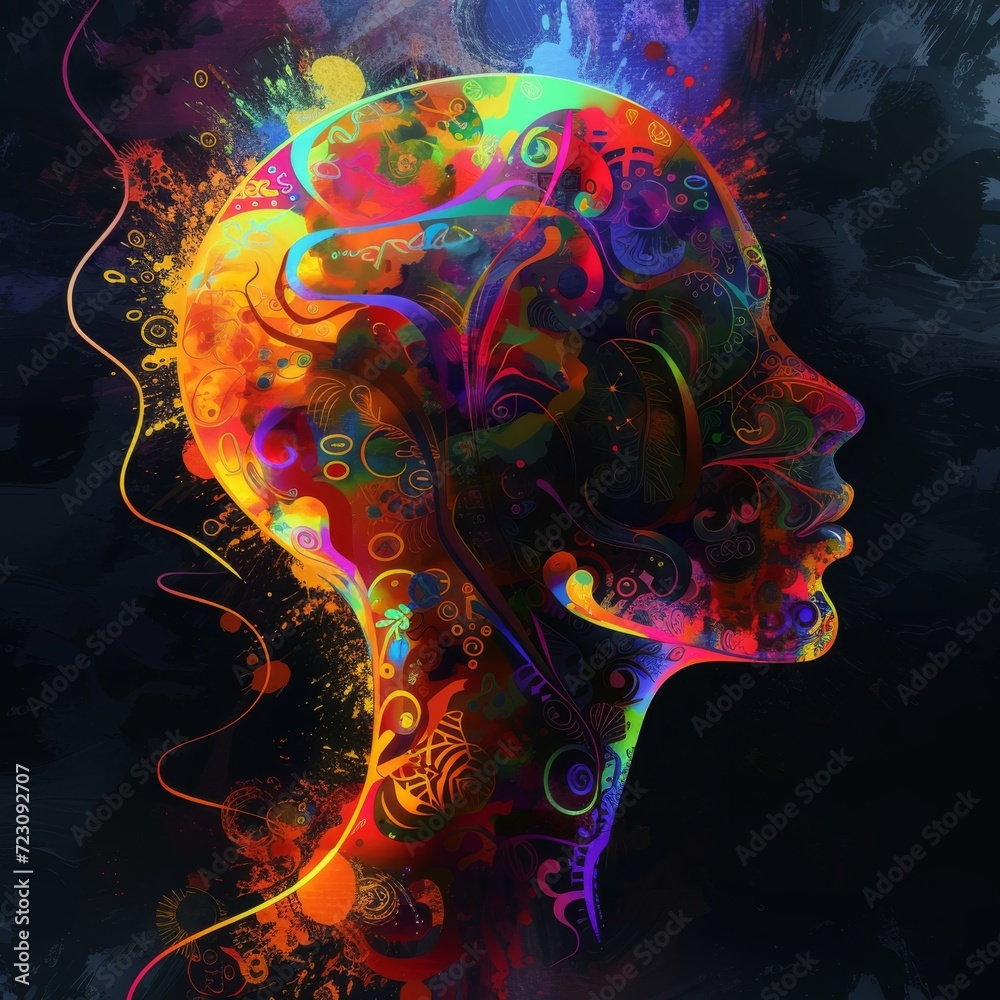 An illustration of a human head with a vibrant spectrum of colors and abstract patterns, representing the diverse and intricate thinking of autism Created Using Illustration style, vibrant spec An illustration of a human head with a vibrant spectrum of colors and abstract patterns, representing the diverse and intricate thinking of autism Created Using Illustration style, vibrant spec