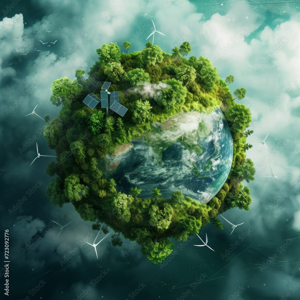 An image of the Earth with lush green forests and clean oceans, highlighting renewable energy sources like wind turbines and solar panels The scene represents a sustainable and balanced ecosyst An image of the Earth with lush green forests and clean oceans, highlighting renewable energy sources like wind turbines and solar panels The scene represents a sustainable and balanced ecosyst